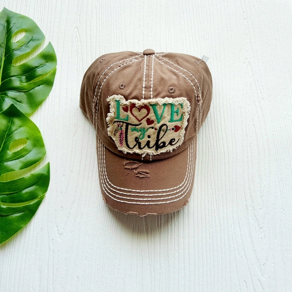 Love My Tribe Ball Cap NWT Distressed Light Brown with Cream Stitching One Size - Picture 1 of 4